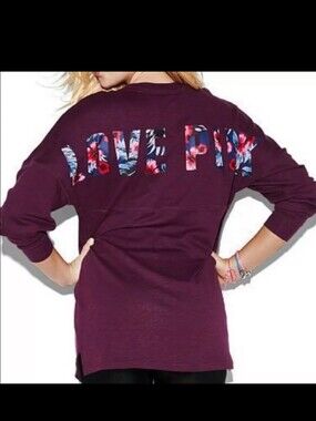 PINK Victoria's Secret Long Sleeve Crewneck Top Plum Floral Logo Small Oversized